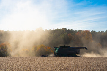 Fototapeta premium Autumn harvest. Fields with harvest wheat. Combine harvester in a wheat field. Harvest on rural farm. Combine harvester machinery. Farming Combine harvester at work. Rural landscape with a harvest.