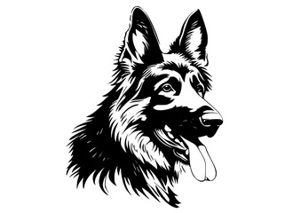 Naklejka premium a black and white drawing of a german shepherd dog headBorder collie, black, dog, german shepherd, hang, head, illustration, image, logo, mouth, profile, sheepdog, shepherd, white 