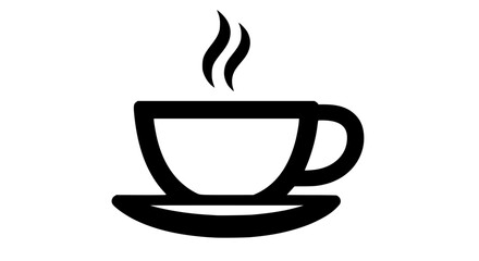 a black and white icon of a cup with a saucerbeverage, black, coffee, coffee cup, cup, hot, icon, illustration, liquid, mug, saucer, steam, tea 