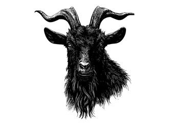 a black and white drawing of a goat head with long hair and curved hornsanimal, black, goat, head, illustration, portrait, trumpet, white  © Guli Studio