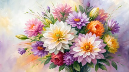 Vibrant bouquet of colorful dahlia flowers in full bloom, painted in watercolor style