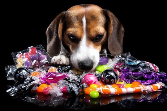 Beagle looks intently at various types of Halloween candy laid out on a dark background