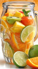 Fototapeta premium Colorful fruit punch with lime, orange, and tropical fruits in a decorative glass perfect for summer gatherings
