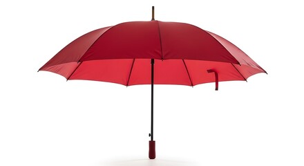 A vibrant red umbrella open against a white background, symbolizing protection and shelter from the elements