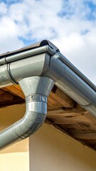 Gray metal gutter corner on a house