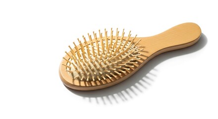 Wooden hairbrush with metal bristles and a smooth handle casting a shadow on a white background, isolated studio shot