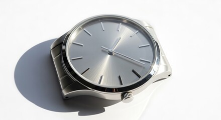 Sleek metallic wristwatch presented on a pristine white surface, casting subtle shadows that emphasize its modern design and polished finish, ideal for showcasing elegance and precise timekeeping