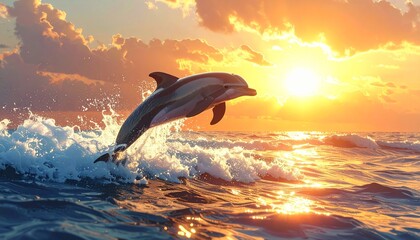 Obraz premium Dolphin leaping from ocean waves at sunset a moment of freedom.