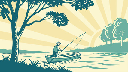 Vintage fishing adventure illustration evoking peaceful outdoor recreation, perfect for travel, tourism, or nostalgic themes celebrating classic angling