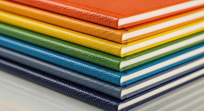 Colorful stack of textured notebooks showing a rainbow of hues
