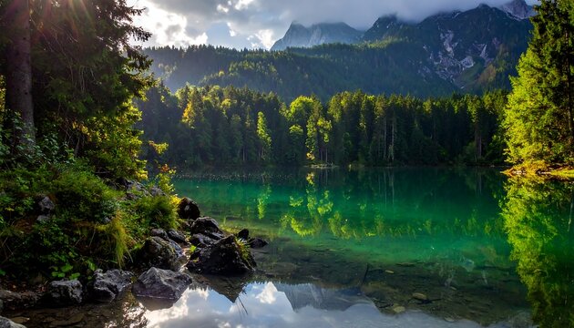 Scenic view of an alpine lake surrounded by forest and mountains