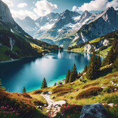 Stunning lake with lush greenery and majestic mountains