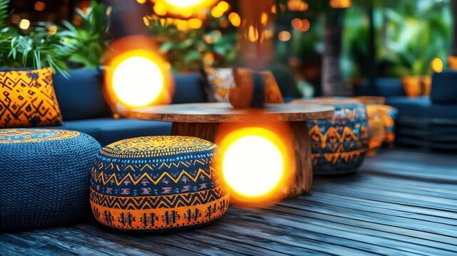 Cozy outdoor patio with patterned seating, rustic table, and vibrant bokeh lighting