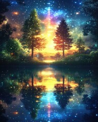 Forest reflected, sunset glow, starry sky, fantasy vibe