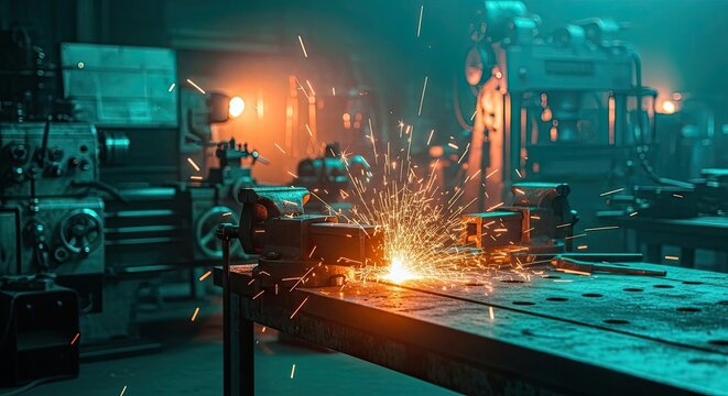 Sparking Metalworking in a dimly lit industrial workshop scene