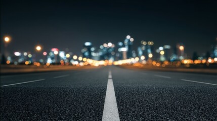 night city lights on the horizon, empty road shining in soft glow, hopeful mood, minimalistic style