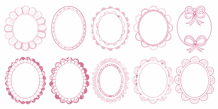 Collection of decorative pink scalloped circles and oval frames with bows for design elements