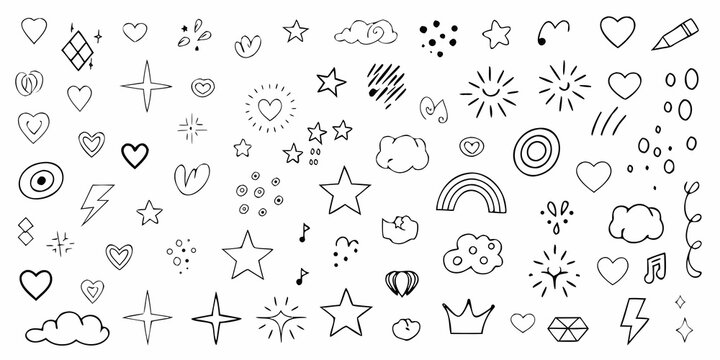 Collection of hand drawn doodle elements including hearts stars clouds lightning bolts rainbows and musical notes