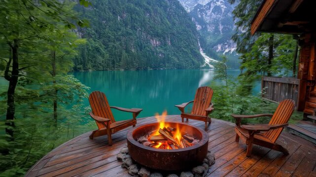 Cozy cabin deck with fire pit and chairs overlooking a tranquil turquoise lake and green mountains