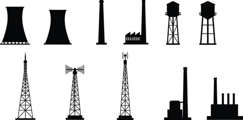 Industrial infrastructure silhouettes, cooling towers, smokestack, factory buildings, water towers, communication towers, transmission towers, energy production, utility structures, urban engineering,