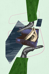 Vertical photo collage of hands hold retro suitcase summer adventure preparation mouth element smile teeth isolated on painted background