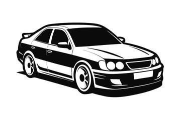 Stylish Black and White Car Illustration Detailed Sedan with Spoiler and Custom Wheels