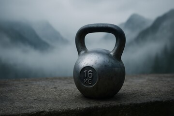 Fototapeta premium Misty Mountain Landscape with a Kettlebell Weights for Fitness and Training Outdoors