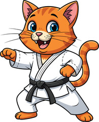 Cartoon orange tabby cat karate fighter in martial arts pose wearing white gi black belt cheerful expression vector mascot, cad drawing flat vector illustration