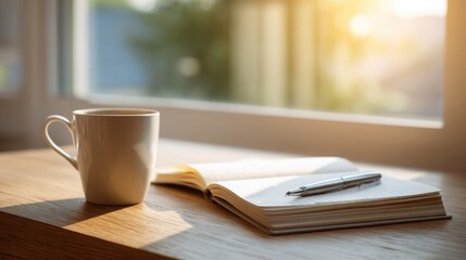 Open notebook on wooden table, warm sunlight through window, inspirational, calm, minimalistic style