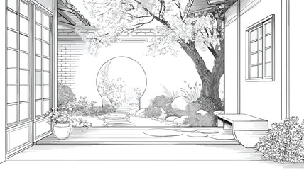 Fototapeta premium Tranquil Asian Home Entrance Garden: Serene Interior Design View
