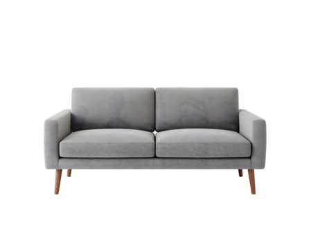 Contemporary gray sofa with wooden legs standing isolated on a clean backdrop