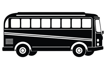 Black Silhouette Illustration of Vintage School Bus with White Details and Square Windows