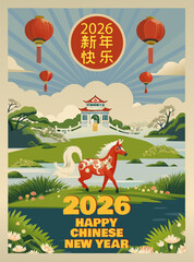 Obraz premium Lunar New Year 2026 celebration poster featuring the red horse zodiac sign