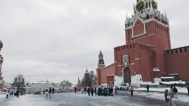 Panorama of historic architecture at Red Square in Moscow during winter with Lenin Mausoleum and church Saint Basil cathedral