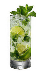 Refreshing summer cocktail with mint leaves, lime slices, and crushed ice in tall glass, vibrant and cool, perfect for hot weather and outdoor gatherings