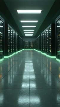 Long, symmetrical data center hallway with servers lining the walls, illuminated by bright lights