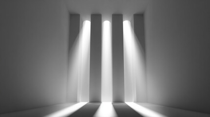 3D render of an abstract minimalist scene with window blinds. Bright light streams through vertical slots, creating a modern, geometric, and luminous atmosphere.