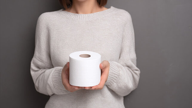 Woman holding toilet paper go to toilet.