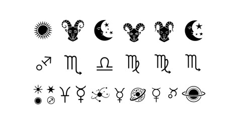 Collection of astrological symbols including zodiac signs sun moon stars planets and constellations in a minimalist black and white design for esoteric themes