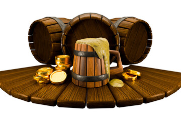 A wooden mug is overflowing with a frothy liquid on a table with gold coins 