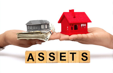 A pair of hands presenting different types of assets houses and money transparent background