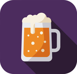 Crisp white beer mug filled with rich amber ale and frothy white head against deep purple backdrop