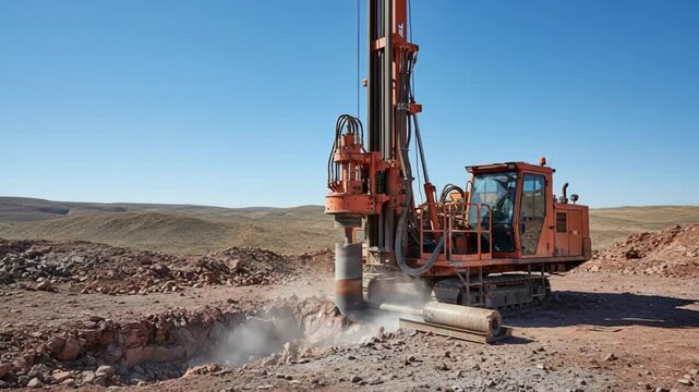 Medium shot of a surface drill rig extracting core samples from a rocky terrain rich in minerals under clear skies.