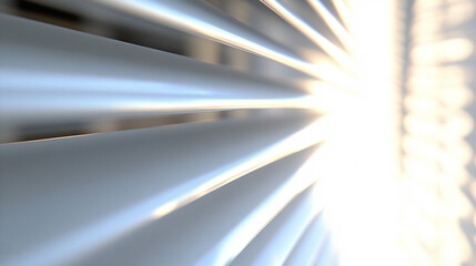 3D render of an abstract minimalist scene with window blinds. Bright light streams through vertical slots, creating a modern, geometric, and luminous atmosphere.