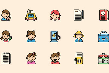 Vector art of a collection of cute and colorful flat design icons representing people, travel, and communication