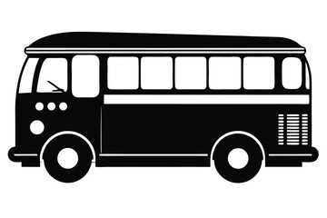 Black and white icon of a classic bus with windows and lights