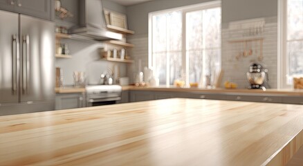 Bright, modern kitchen with a wooden countertop foreground, featuring appliances and a window