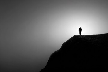 Silhouette of a person walking along a foggy cliff edge during early morning light