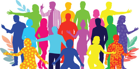 Colorful human silhouettes group diversity concept, abstract people community teamwork illustration with patterns and leaves, cad drawing flat vector illustration