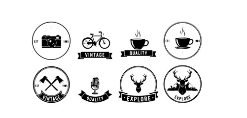 Collection of vintage style logo designs featuring a camera bicycle coffee axes microphone and deer antlers perfect for branding and creative projects